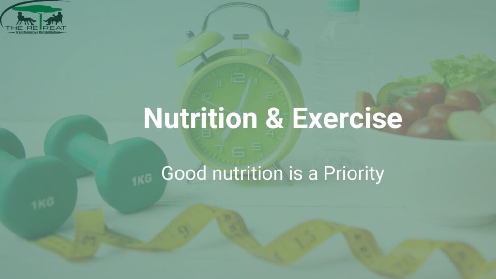 A balanced meal and personalized exercise program designed to support physical health and wellness at our retreat rehab, promoting overall well-being and recovery.